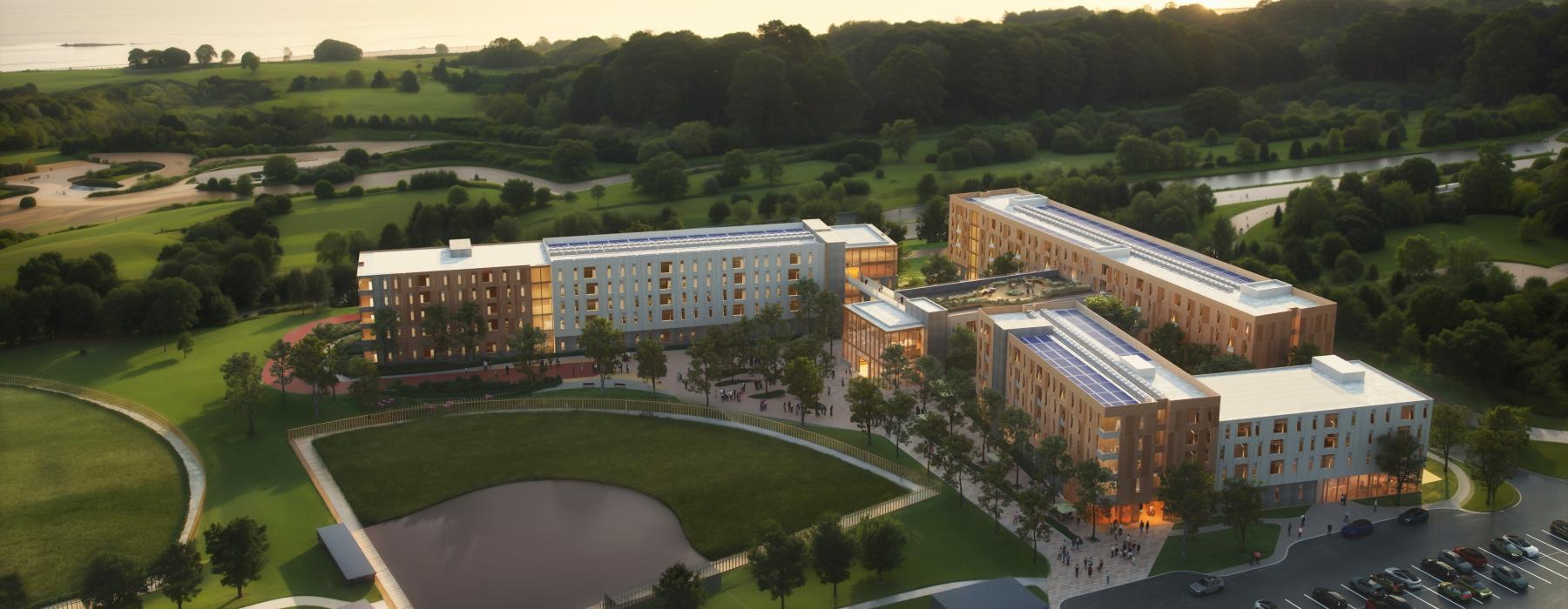 a large building with a parking lot