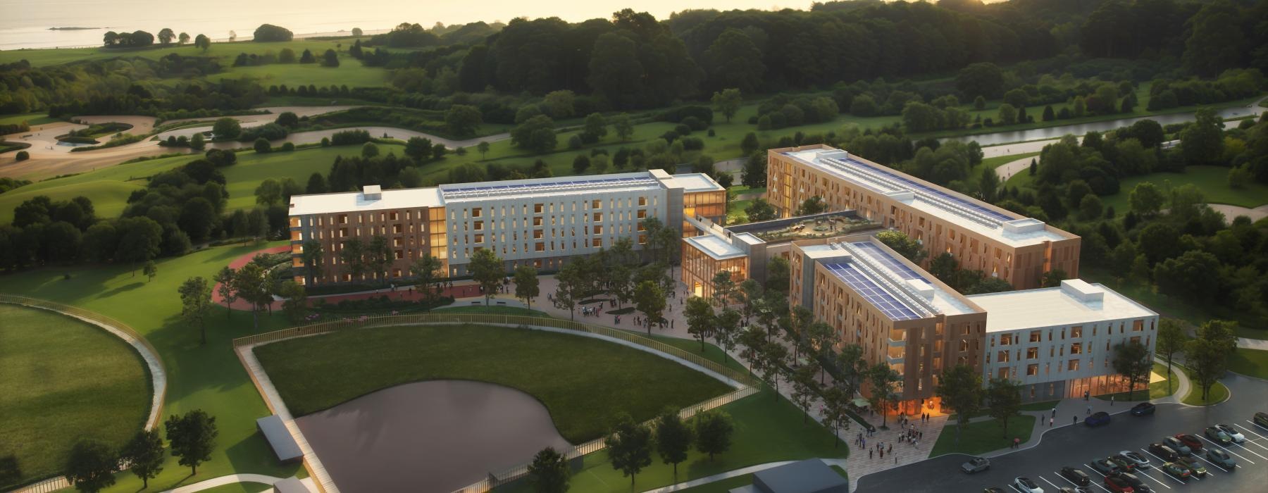 a large building with a parking lot